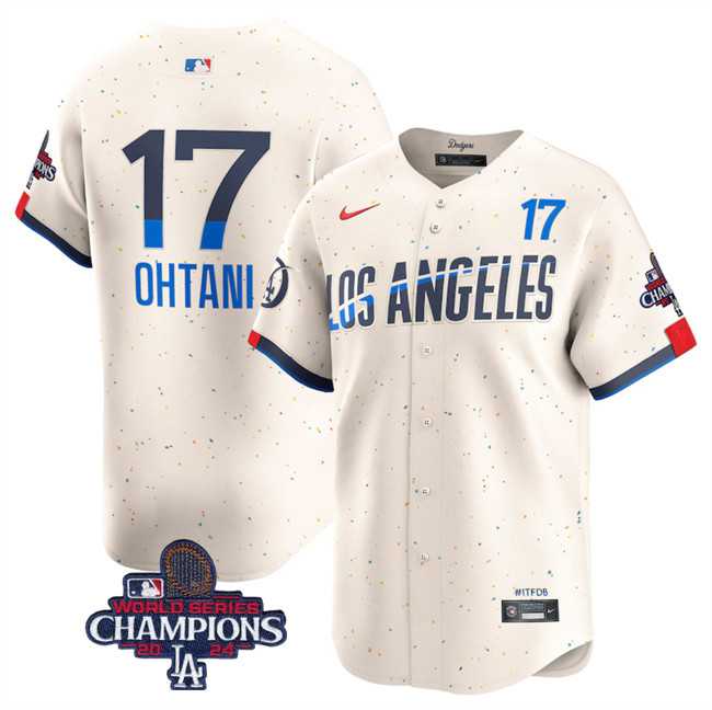 Mens Los Angeles Dodgers #17 Shohei Ohtani Cream 2024 World Series Champions City Connect Limited Stitched Baseball Jersey